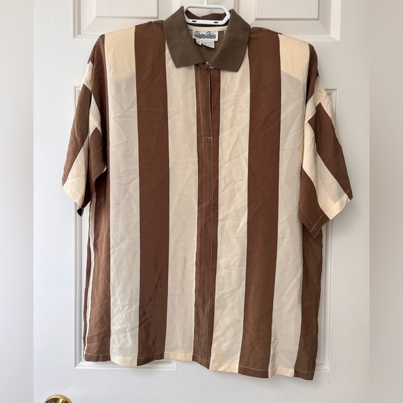 Vintage 90s Mod Silk Brown Stripe Shirt S - Picture 3 of 15